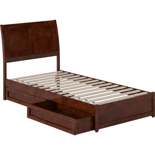 Andorra Twin XL Platform Bed with Panel Footboard, Drawers & Charging in Walnut Finish
