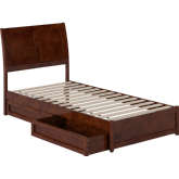 Andorra Twin XL Platform Bed with Panel Footboard, Drawers & Charging in Walnut Finish