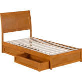 Andorra Twin XL Platform Bed with Panel Footboard, Drawers & Charging in Light Toffee