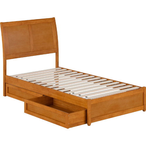 Andorra Twin Platform Bed with Panel Footboard, Drawers & Charging in Light Toffee