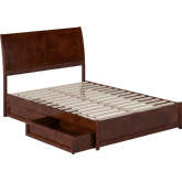 Andorra Full Platform Bed with Panel Footboard, Drawers & Charging in Walnut Finish