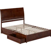 Andorra Queen Platform Bed with Panel Footboard, Drawers & Charging in Walnut Finish
