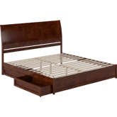 Andorra King Platform Bed with Panel Footboard, Drawers & Charging in Walnut Finish