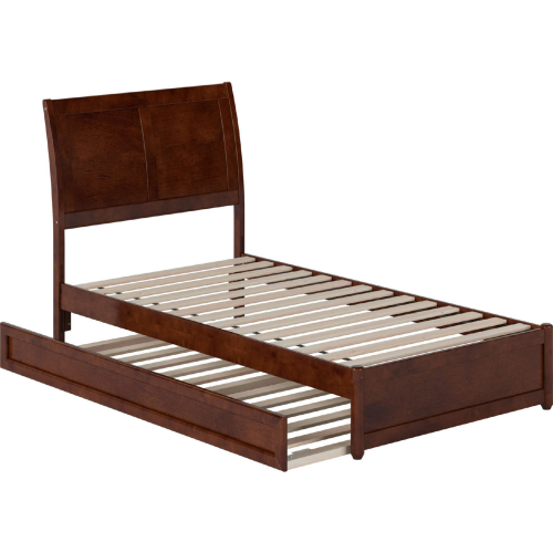 Andorra Twin Platform Bed with Panel Footboard, Twin Trundle & Charging in Walnut Finish