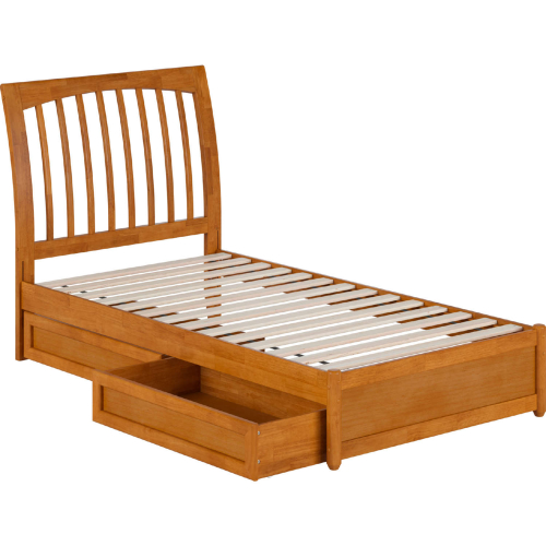 Roslyn Twin Platform Bed with Panel Footboard, Drawers & Charging in Light Toffee