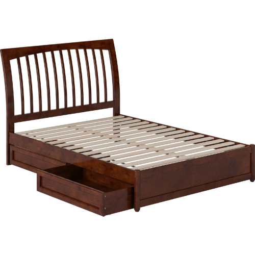 Roslyn Full Platform Bed with Panel Footboard, Drawers & Charging in Walnut Finish