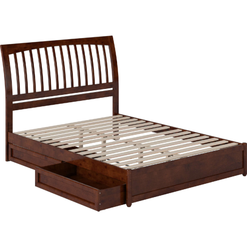 Roslyn Queen Platform Bed with Panel Footboard, Drawers & Charging in Walnut Finish