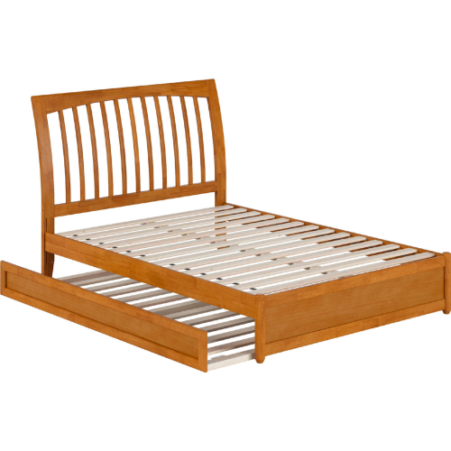 Roslyn Full Platform Bed with Panel Footboard, Twin Trundle & Charging in Light Toffee