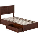 Clayton Twin XL Platform Bed with Panel Footboard, Drawers & Charging in Walnut Finish