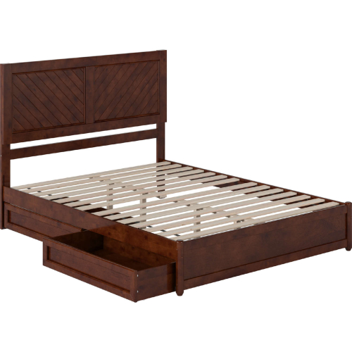 Clayton Queen Platform Bed with Panel Footboard, Drawers & Charging in Walnut Finish