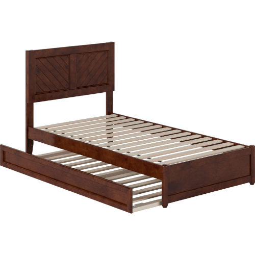 Clayton Twin Platform Bed with Panel Footboard, Twin Trundle & Charging in Walnut Finish