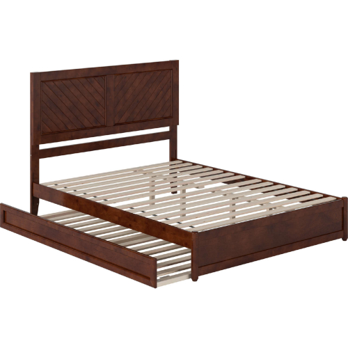 Clayton Queen Platform Bed with Panel Footboard, Twin XL Trundle & Charging in Walnut Finish
