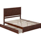 Clayton Queen Platform Bed with Panel Footboard, Twin XL Trundle & Charging in Walnut Finish