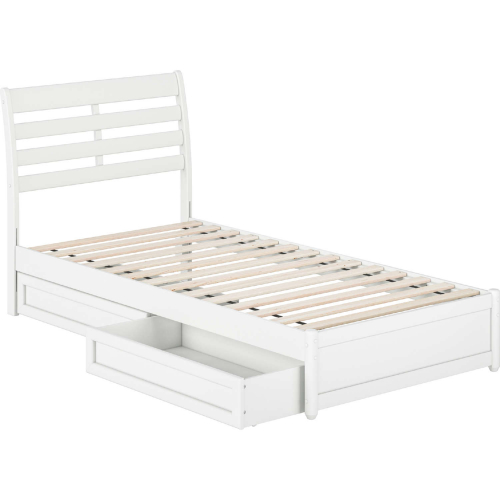 Emelie Twin XL Platform Bed with Panel Footboard, Drawers & Charging in White