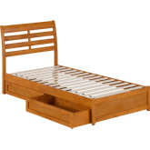 Emelie Twin XL Platform Bed with Panel Footboard, Drawers & Charging in Light Toffee