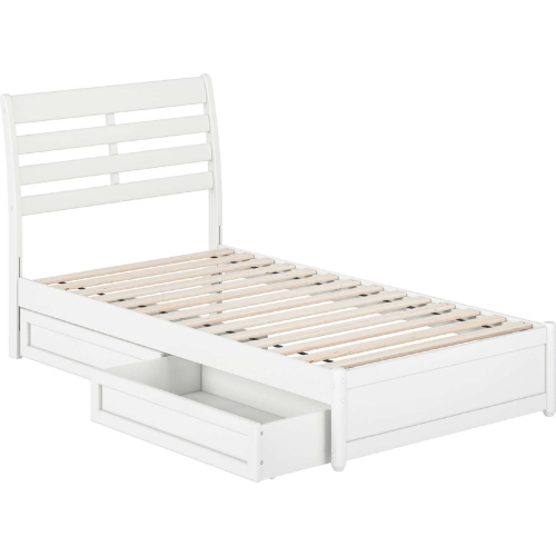 Emelie Twin Platform Bed with Panel Footboard, Drawers & Charging in White