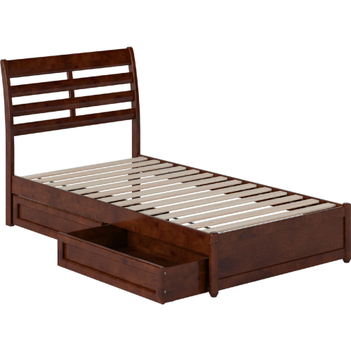 Emelie Twin Platform Bed with Panel Footboard, Drawers & Charging in Walnut Finish