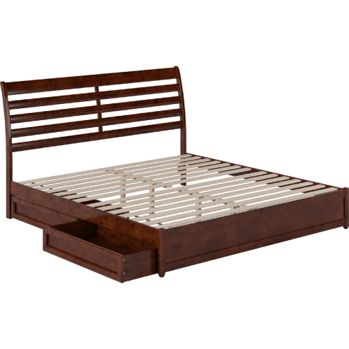 Emelie King Platform Bed with Panel Footboard, Drawers & Charging in Walnut Finish