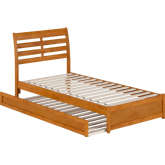 Emelie Twin XL Platform Bed with Panel Footboard, Twin XL Trundle & Charging in Light Toffee