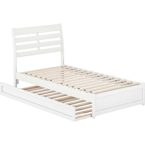 Emelie Twin Platform Bed with Panel Footboard, Twin Trundle & Charging in White