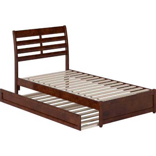 Emelie Twin Platform Bed with Panel Footboard, Twin Trundle & Charging in Walnut Finish