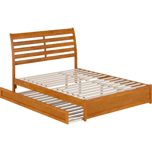 Emelie Queen Platform Bed with Panel Footboard, Twin XL Trundle & Charging in Light Toffee