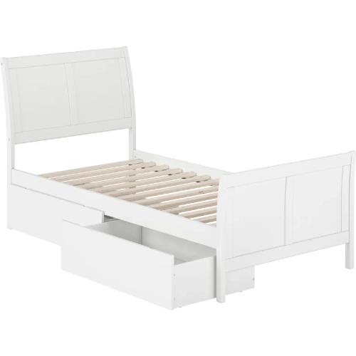 Portland Twin XL Platform Bed w/ Footboard & Storage Drawers in White Wood