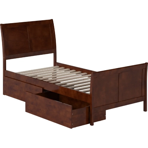 Portland Twin XL Platform Bed w/ Footboard & Storage Drawers in Walnut Wood