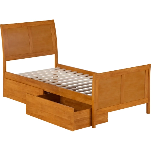 Portland Twin XL Platform Bed w/ Footboard & Storage Drawers in Light Toffee Wood