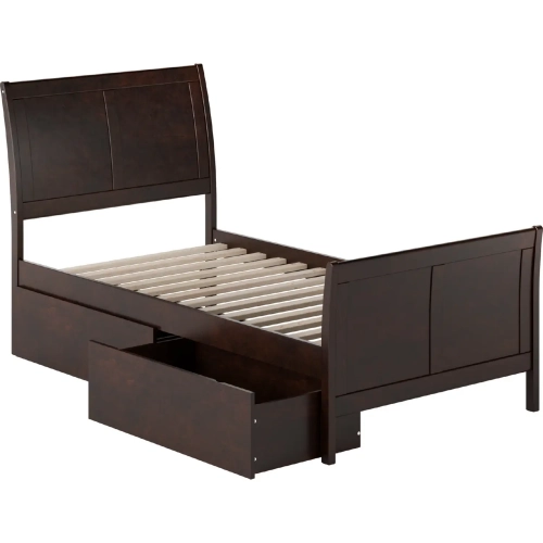 Portland Twin Platform Bed w/ Footboard & Storage Drawers in Espresso Wood