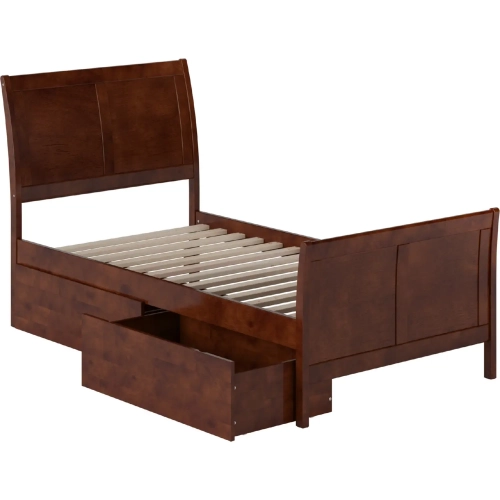 Portland Twin Platform Bed w/ Footboard & Storage Drawers in Walnut Wood