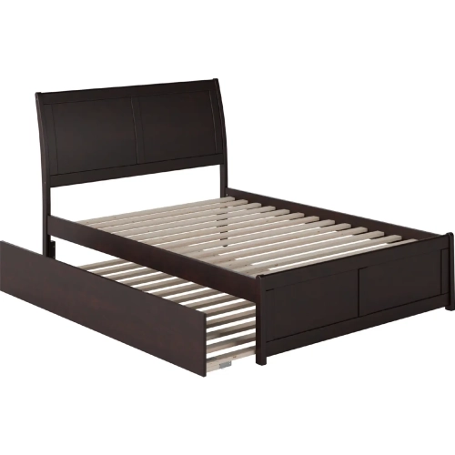 Portland Full Platform Bed w/ Footboard & Full Trundle in Espresso Wood