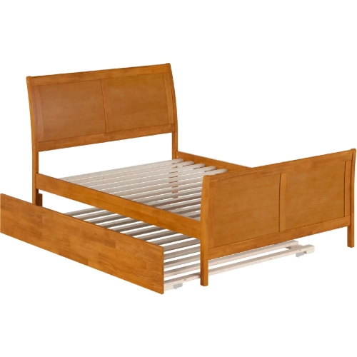 Portland Full Platform Bed w/ Footboard & Full Trundle in Light Toffee Wood