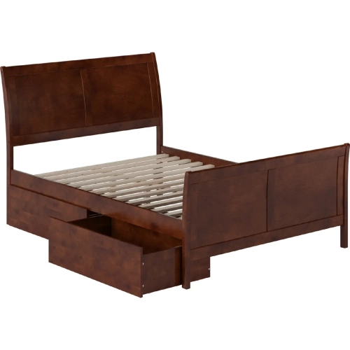 Portland Full Platform Bed w/ Footboard & Storage Drawers in Walnut Wood