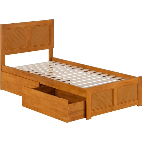 Canyon Twin XL Platform Bed w/ Footboard & Storage Drawers in Light Toffee Wood