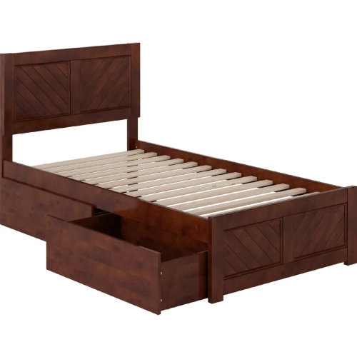 Canyon Twin Platform Bed w/ Footboard & Storage Drawers in Walnut Wood