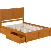 Canyon Queen Platform Bed w/ Footboard & Storage Drawers in Light Toffee Wood
