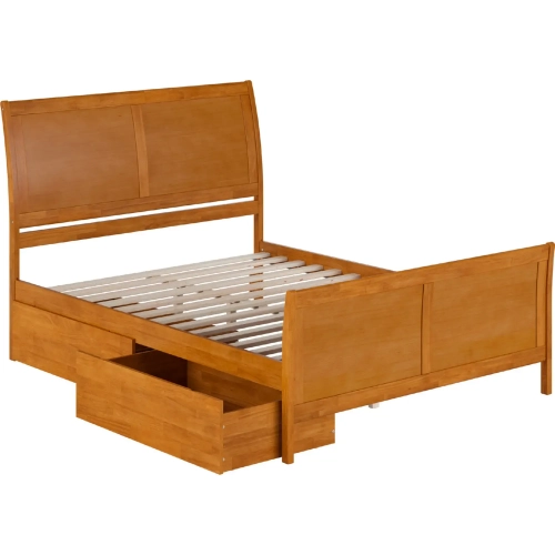 Portland Queen Platform Bed w/ Footboard & Storage Drawers in Light Toffee Wood