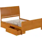 Portland Queen Platform Bed w/ Footboard & Storage Drawers in Light Toffee Wood