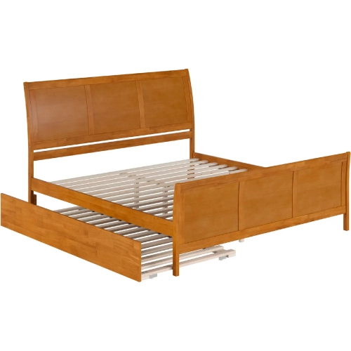 Portland King Platform Bed w/ Footboard & Twin XL Trundle in Light Toffee Wood