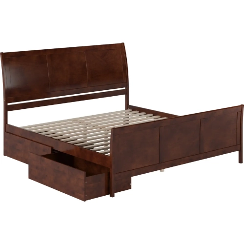 Portland King Platform Bed w/ Footboard & Storage Drawers in Walnut Wood