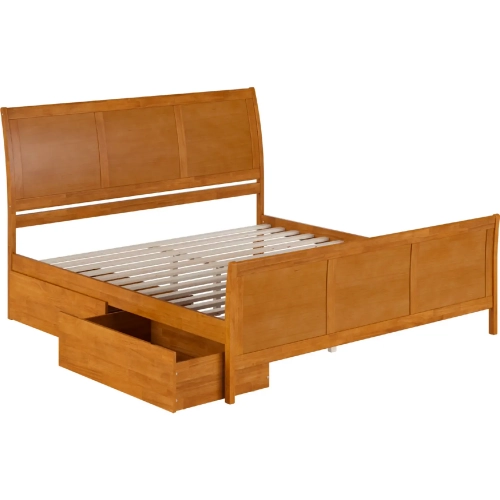 Portland King Platform Bed w/ Footboard & Storage Drawers in Light Toffee Wood