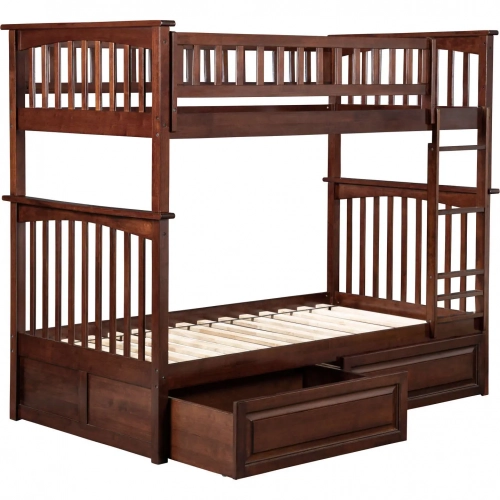 Columbia Twin over Twin Bunk Bed with 2 Raised Panel Drawers in Antique Walnut