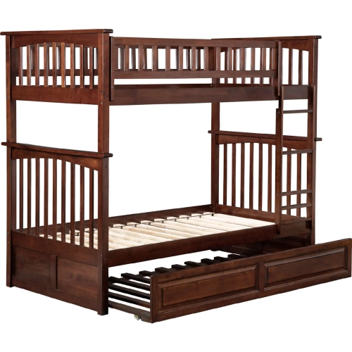 Columbia Twin over Twin Bunk Bed with Raised Panel Trundle in Antique Walnut