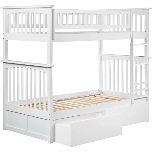 Columbia Twin over Twin Bunk Bed with Urban Bed Drawers in White