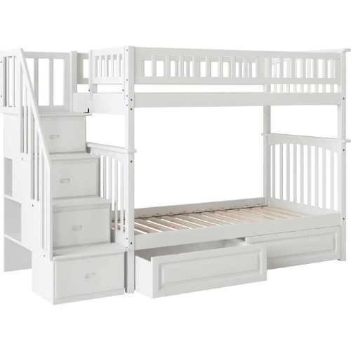 Columbia Staircase Twin over Twin Bunk Bed with 2 Raised Panel Drawers in White