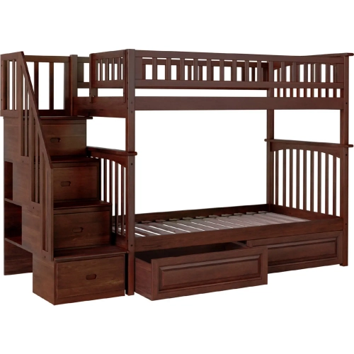 Columbia Staircase Twin over Twin Bunk Bed with 2 Raised Panel Drawers in Antique Walnut