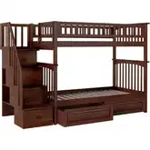 Columbia Staircase Twin over Twin Bunk Bed with 2 Raised Panel Drawers in Antique Walnut
