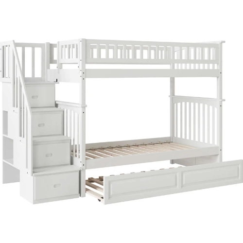 Columbia Staircase Twin over Twin Bunk Bed with Raised Panel Trundle in White