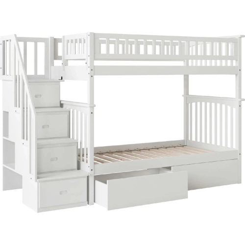 Columbia Staircase Twin over Twin Bunk Bed with Urban Bed Drawers in White